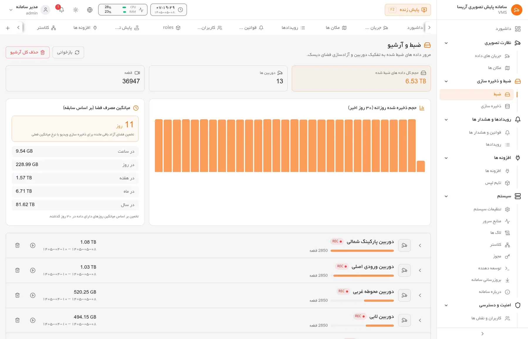 بازپخش آرشیو: آرشیو هر دوربین به تفکیک روز و ساعت، همراه با بازپخش در مرورگر.
