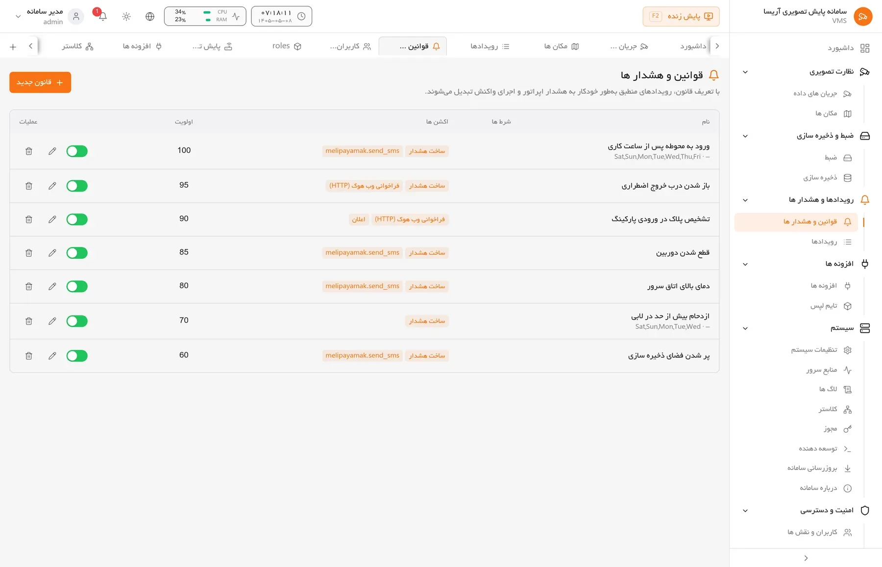 قانون و واکنش: از رویداد تا واکنش: هشدار، پیامک، Webhook یا ضبط، بدون کدنویسی.
